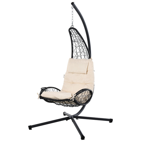 Outdoor Patio Wicker Hanging Egg Chair with Stand, Hammock Swing Chair with Cushion and Pillow, swing Chair with Stand, Cup Holder for Backyard, Garden, Porch, Beige