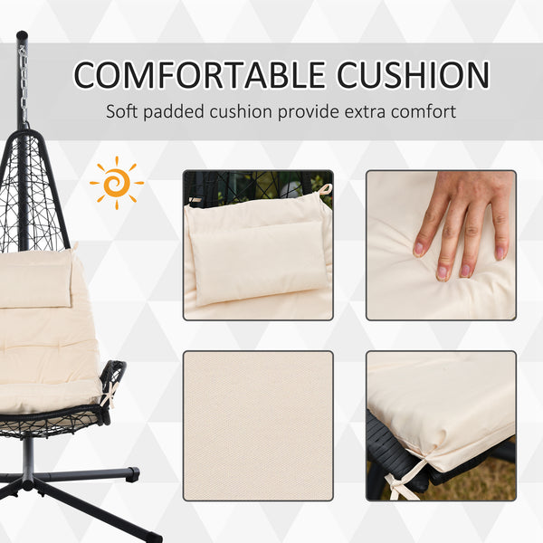 Outdoor Patio Wicker Hanging Egg Chair with Stand, Hammock Swing Chair with Cushion and Pillow, swing Chair with Stand, Cup Holder for Backyard, Garden, Porch, Beige