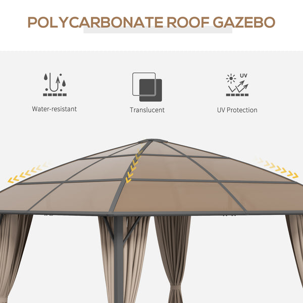 10' x 10' Outdoor Gazebo Canopy, Hardtop Gazebo with UV60+ Polycarbonate Roof, Steel Frame, Central Hook, and Curtains, for Garden, Lawn, Backyard, Deck, Khaki