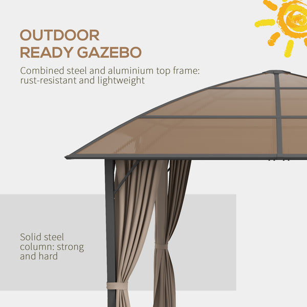 10' x 10' Outdoor Gazebo Canopy, Hardtop Gazebo with UV60+ Polycarbonate Roof, Steel Frame, Central Hook, and Curtains, for Garden, Lawn, Backyard, Deck, Khaki