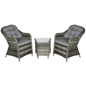 3 Pieces Rattan Bistro Set, Wicker Garden Bistro Set, Glass Top Balcony Table and Chairs with Cushions for Outdoor, Patio, Balcony, Grey