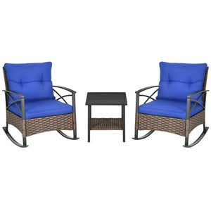 3 Pieces Rocking Chair Set, Outdoor PE Rattan Bistro Set with Padded Cushions, Rocker Chair Set and Two-tier Metal Plate Top Table for Garden, Dark Blue