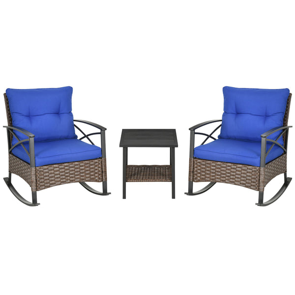 3 Pieces Rocking Chair Set, Outdoor PE Rattan Bistro Set with Padded Cushions, Rocker Chair Set and Two-tier Metal Plate Top Table for Garden, Dark Blue