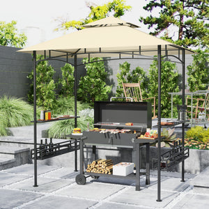 8' x 5' Grill Gazebo Canopy, Double Tiered Outdoor BBQ Gazebo Shelter with 2 Side Shelves, Storage Baskets, Hook for Garden, Patio, Barbecue, Picnic, Beige
