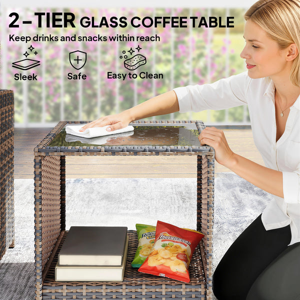 5 Piece Patio Furniture Set, Wicker Patio Chairs with Ottomans, 2-Tier Glass Coffee Table, Cushions, Outdoor Patio Furniture Conversation Set for Balcony, Brown/Dark Grey