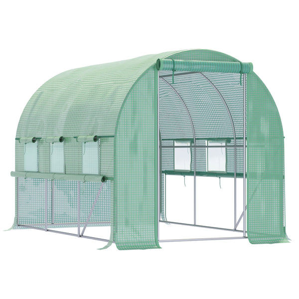 3 x 2 x 2m Polytunnel Greenhouse with Roll-up Sidewalls, Door and 6 Mesh Windows, Walk In Green House with UV-resistant PE Cover, Green