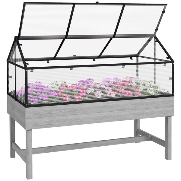 Raised Garden Bed with Cold Frame Greenhouse, Elevated Wood Planter Box with Polycarbonate Panel and Top Vent for Vegetables, Flowers, Herbs, 120 x 60 x 103cm, Distressed Grey
