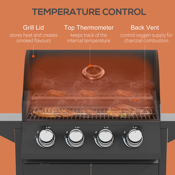 4 Burner Gas BBQ, Outdoor Grill, Portable Barbecue Trolley with Warming Rack, Side Shelves, Storage Cabinet, Thermometer, Carbon Steel, Black