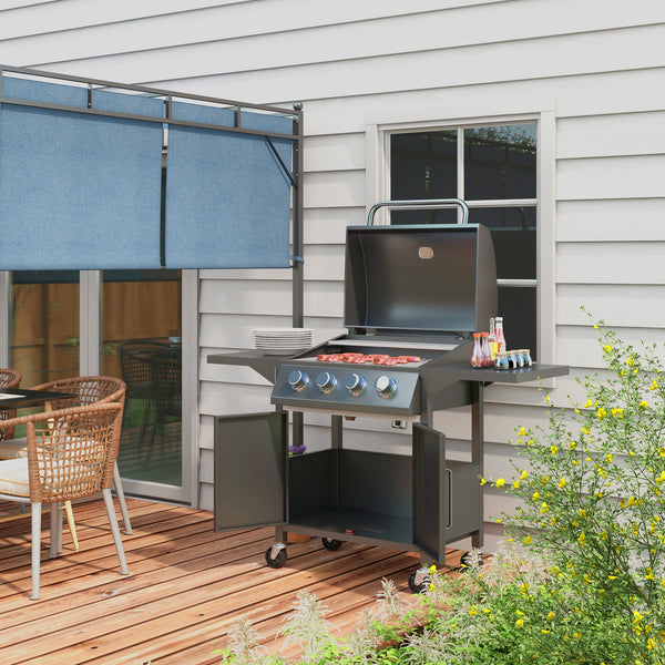 4 Burner Gas BBQ, Outdoor Grill, Portable Barbecue Trolley with Warming Rack, Side Shelves, Storage Cabinet, Thermometer, Carbon Steel, Black