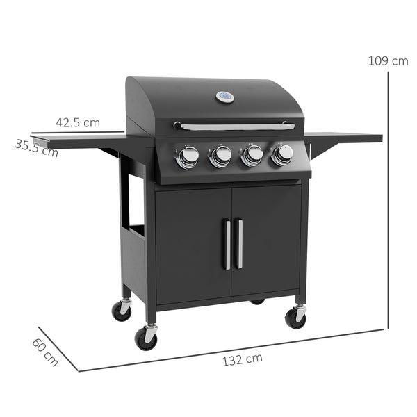 4 Burner Gas BBQ, Outdoor Grill, Portable Barbecue Trolley with Warming Rack, Side Shelves, Storage Cabinet, Thermometer, Carbon Steel, Black