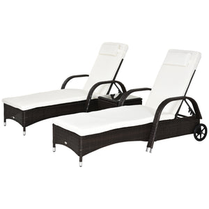 3 Pieces Wicker Patio Lounger Set with Table, PE Rattan Outdoor Lounge Chair Set with Cushions, Wheels, 5-Level Reclining Backrest, Headrest, Brown/Cream