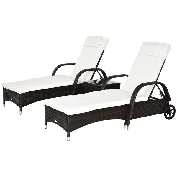 3 Pieces Wicker Patio Lounger Set with Table, PE Rattan Outdoor Lounge Chair Set with Cushions, Wheels, 5-Level Reclining Backrest, Headrest, Brown/Cream