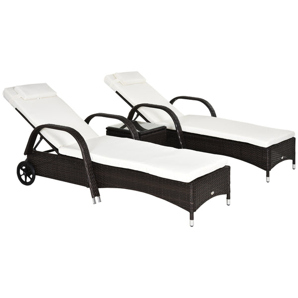 3 Pieces Wicker Patio Lounger Set with Table, PE Rattan Outdoor Lounge Chair Set with Cushions, Wheels, 5-Level Reclining Backrest, Headrest, Brown/Cream