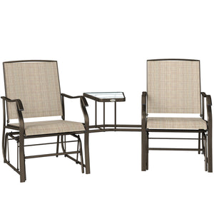 Outdoor Glider Chairs with Coffee Table, Patio 2-Seat Rocking Chair Swing Loveseat with Breathable Sling for Backyard, Garden, and Porch, Light Brown