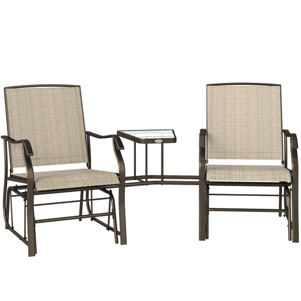 Outdoor Glider Chairs with Coffee Table, Patio 2-Seat Rocking Chair Swing Loveseat with Breathable Sling for Backyard, Garden, and Porch, Light Brown