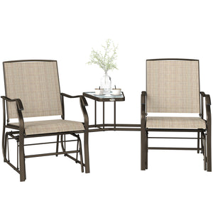 Outdoor Glider Chairs with Coffee Table, Patio 2-Seat Rocking Chair Swing Loveseat with Breathable Sling for Backyard, Garden, and Porch, Light Brown