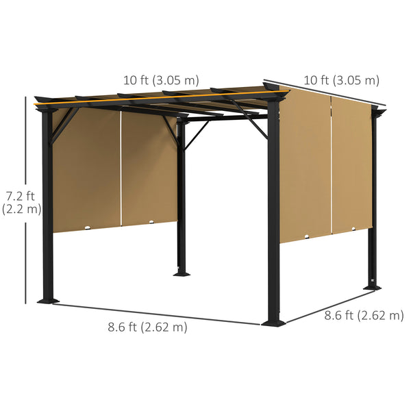 10' x 10' Retractable Pergola Canopy, Outdoor Gazebo with Sun Shade Canopy and Steel Frame, for Backyard, Garden, Patio, Deck, Brown