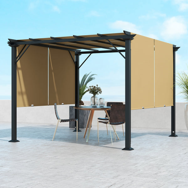 10' x 10' Retractable Pergola Canopy, Outdoor Gazebo with Sun Shade Canopy and Steel Frame, for Backyard, Garden, Patio, Deck, Brown