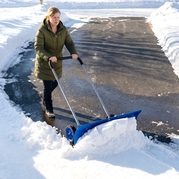 37-Inch Extra Wide Snow Shovel with Wheels, Heavy Duty Aluminum Snow Pusher with Ergonomic Adjustable Handle, Angled Blade and Non-Slip Grip for Driveway, Sidewalks, Garden, Deck, Blue