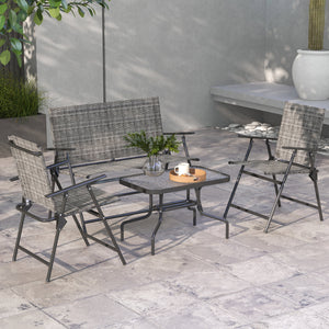 Outdoor 4 Pieces Patio Furniture Set with Breathable Mesh Fabric Seat & Backrest, Garden Set with Two Foldable Armchairs, a Loveseat & Glass Top Table, Mixed Grey