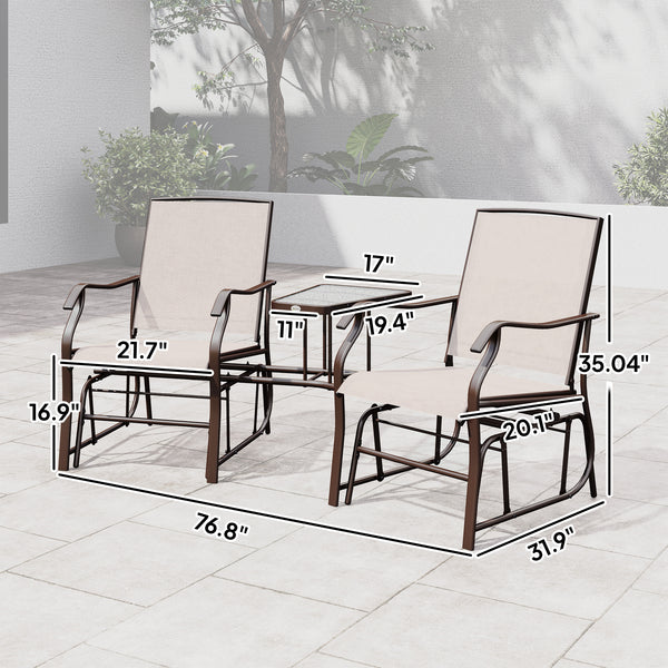 Outdoor Glider Chairs with Coffee Table, Patio 2-Seat Rocking Chair Swing Loveseat with Breathable Sling for Backyard, Garden, and Porch, Beige