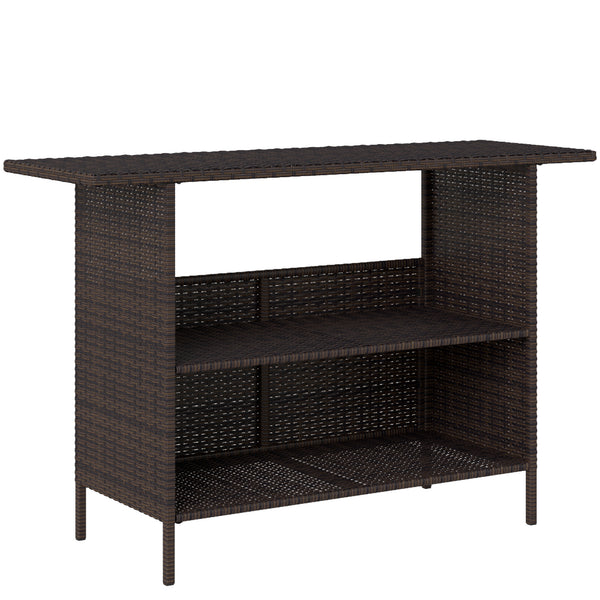 Wicker Outdoor Bar Table, PE Rattan Bar Height Patio Table with 2 Shelves, All Weather Patio Bar Table with Steel Frame for Garden, Backyard, Poolside, Dark Brown