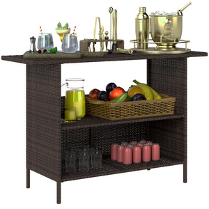Wicker Outdoor Bar Table, PE Rattan Bar Height Patio Table with 2 Shelves, All Weather Patio Bar Table with Steel Frame for Garden, Backyard, Poolside, Dark Brown