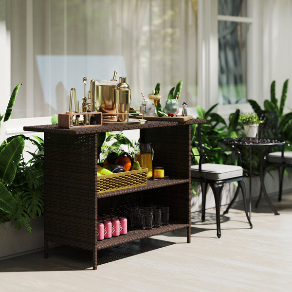 Wicker Outdoor Bar Table, PE Rattan Bar Height Patio Table with 2 Shelves, All Weather Patio Bar Table with Steel Frame for Garden, Backyard, Poolside, Dark Brown