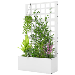 Galvanized Raised Garden Bed with Trellis, Metal Planter Box with Drainage Holes, Outdoor Privacy Screen for Climbing Plants, Vegetable, Vines, 24" x 9" x 44.5", White