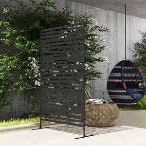 Metal Outdoor Privacy Screen, 78"H x 48"W Decorative Outdoor Divider with Stand, Freestanding Privacy Panel with Striped Hollow Design for Garden, Patio, Backyard, Black