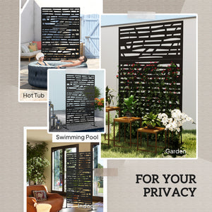 Metal Outdoor Privacy Screen, 78"H x 48"W Decorative Outdoor Divider with Stand, Freestanding Privacy Panel with Striped Hollow Design for Garden, Patio, Backyard, Black