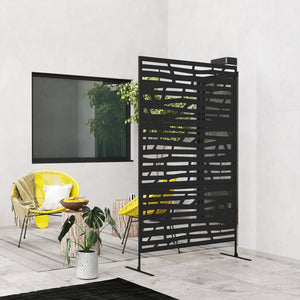Metal Outdoor Privacy Screen, 78"H x 48"W Decorative Outdoor Divider with Stand, Freestanding Privacy Panel with Striped Hollow Design for Garden, Patio, Backyard, Black