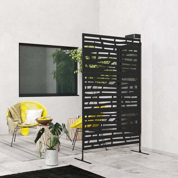 Metal Outdoor Privacy Screen, 78"H x 48"W Decorative Outdoor Divider with Stand, Freestanding Privacy Panel with Striped Hollow Design for Garden, Patio, Backyard, Black