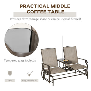 Outdoor Glider Bench with Table, Patio Loveseat for 2 Persons, Garden Glider Rocking Chair with Breathable Mesh Fabric, Flaxen
