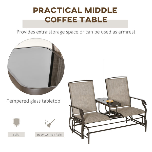 Outdoor Glider Bench with Table, Patio Loveseat for 2 Persons, Garden Glider Rocking Chair with Breathable Mesh Fabric, Flaxen