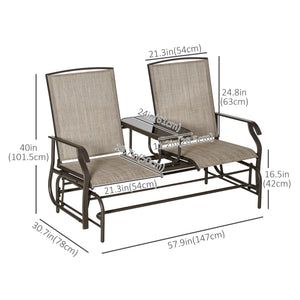Outdoor Glider Bench with Table, Patio Loveseat for 2 Persons, Garden Glider Rocking Chair with Breathable Mesh Fabric, Flaxen