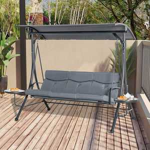 3 Seat Outdoor Swing Chair Steel Swing Bench Porch Swing With Adjustable Canopy, Coffee Tables and Cushion for Patio Garden, Dark Grey