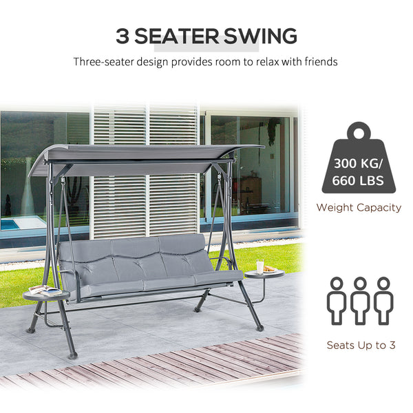 3 Seat Outdoor Swing Chair Steel Swing Bench Porch Swing With Adjustable Canopy, Coffee Tables and Cushion for Patio Garden, Dark Grey