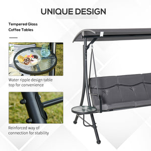3 Seat Outdoor Swing Chair Steel Swing Bench Porch Swing With Adjustable Canopy, Coffee Tables and Cushion for Patio Garden, Dark Grey