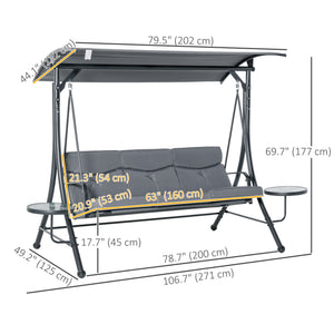 3 Seat Outdoor Swing Chair Steel Swing Bench Porch Swing With Adjustable Canopy, Coffee Tables and Cushion for Patio Garden, Dark Grey