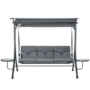3 Seat Outdoor Swing Chair Steel Swing Bench Porch Swing With Adjustable Canopy, Coffee Tables and Cushion for Patio Garden, Dark Grey