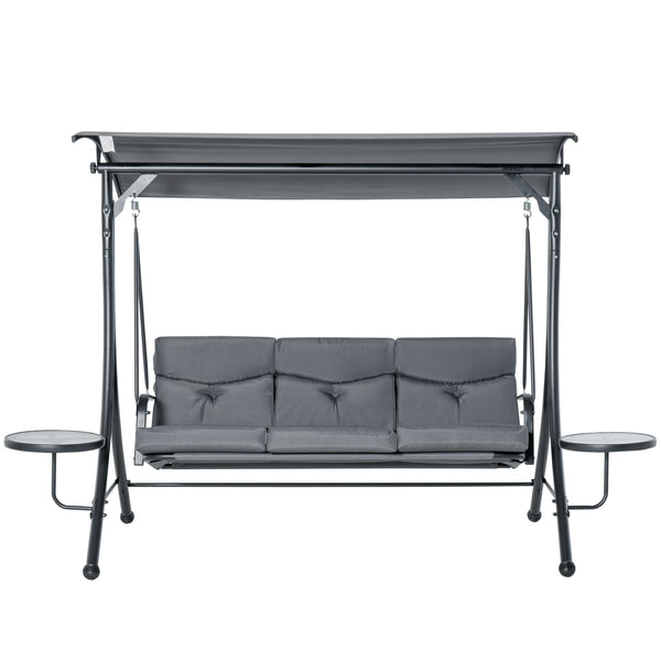 3 Seat Outdoor Swing Chair Steel Swing Bench Porch Swing With Adjustable Canopy, Coffee Tables and Cushion for Patio Garden, Dark Grey