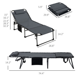 2 Piece Folding Chaise Lounge with 5-level Reclining Back, Tanning Chair with Face Hole, Outdoor Lounge Chair with Side Pocket & Headrest for Beach, Yard, Patio, Gray