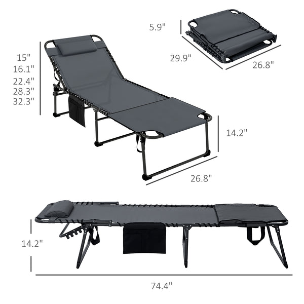 2 Piece Folding Chaise Lounge with 5-level Reclining Back, Tanning Chair with Face Hole, Outdoor Lounge Chair with Side Pocket & Headrest for Beach, Yard, Patio, Gray