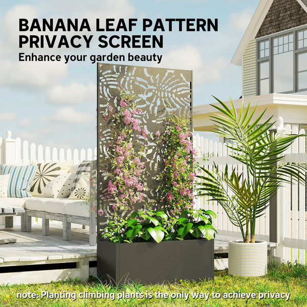 Metal Planter Box with Trellis, 71" Tall Raised Garden Bed with Trellis Privacy Screen and Drainage Holes, Banana-Leaf Cut-Out Outdoor Privacy Planter for Climbing Plants, Vegetables, Vines