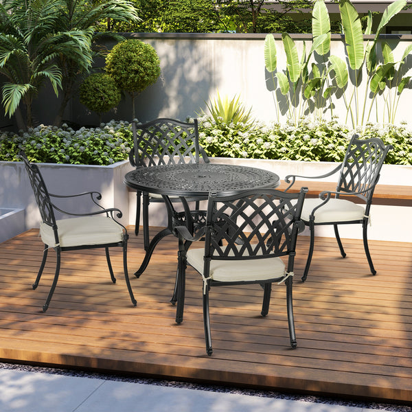 4 Seater Outdoor Dining Set Antique Cast Aluminium Garden Furniture Set with Cushions Round Dining Table with Parasol Hole, Black