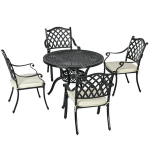 4 Seater Outdoor Dining Set Antique Cast Aluminium Garden Furniture Set with Cushions Round Dining Table with Parasol Hole, Black