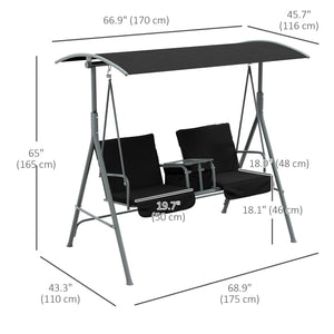 2 Person Porch Swing, Patio Swing Chair with Adjustable Canopy, Table and Storage bag for Outdoor, Garden, Backyard, Poolside, Black