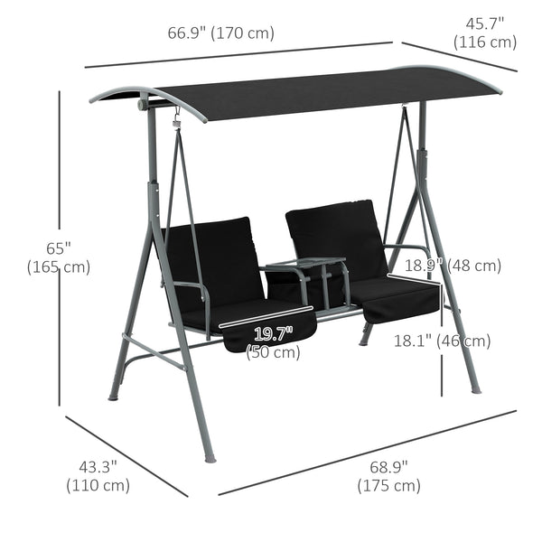 2 Person Porch Swing, Patio Swing Chair with Adjustable Canopy, Table and Storage bag for Outdoor, Garden, Backyard, Poolside, Black