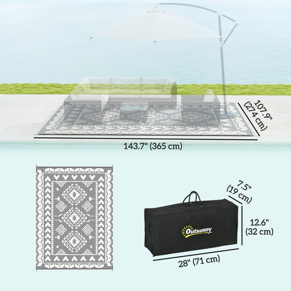 Reversible Outdoor RV Rug with Carry Bag, 9' x 12' Patio Floor Mat, Plastic Straw Rug for Backyard, Deck, Picnic, Beach, Camping, Rhombus Patchwork, Grey and White